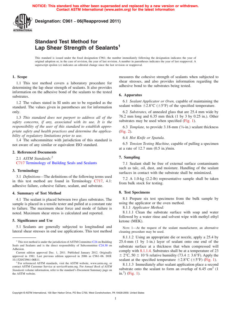 ASTM C961-06(2011) - Standard Test Method for Lap Shear Strength of Sealants