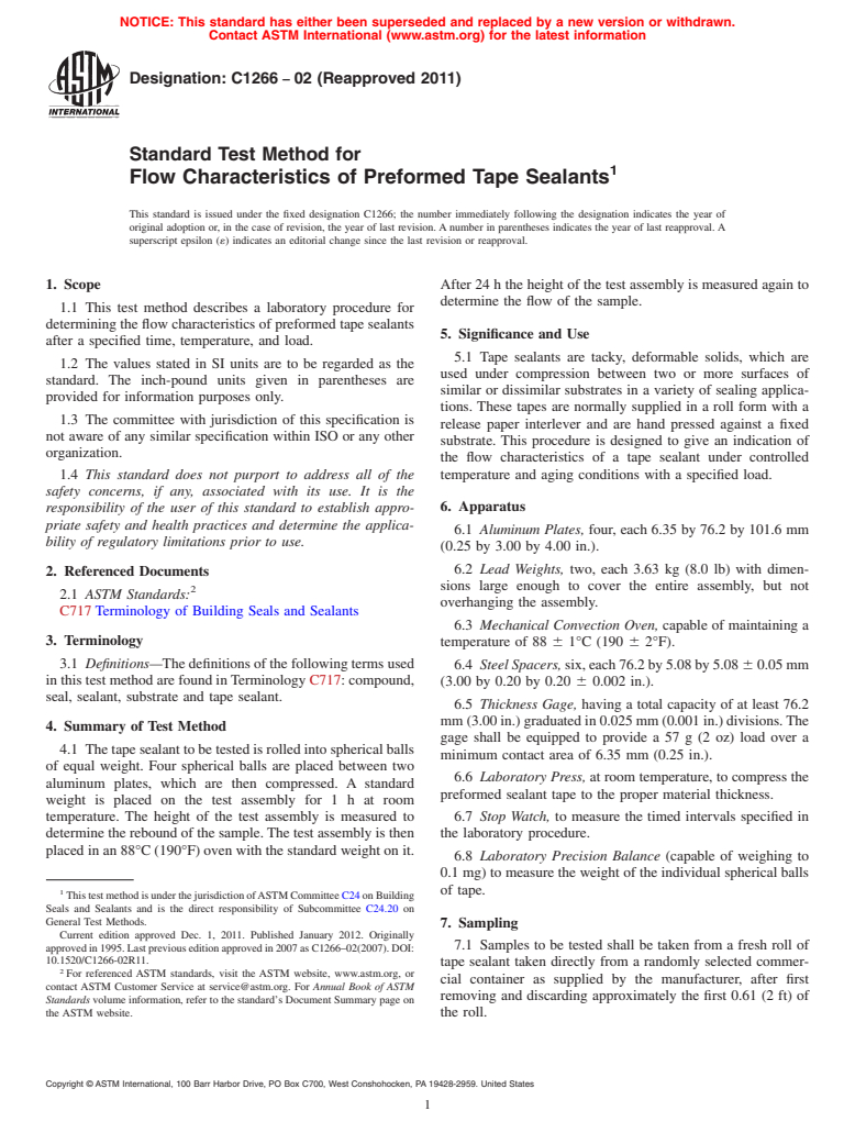 ASTM C1266-02(2011) - Standard Test Method for Flow Characteristics of Preformed Tape Sealants