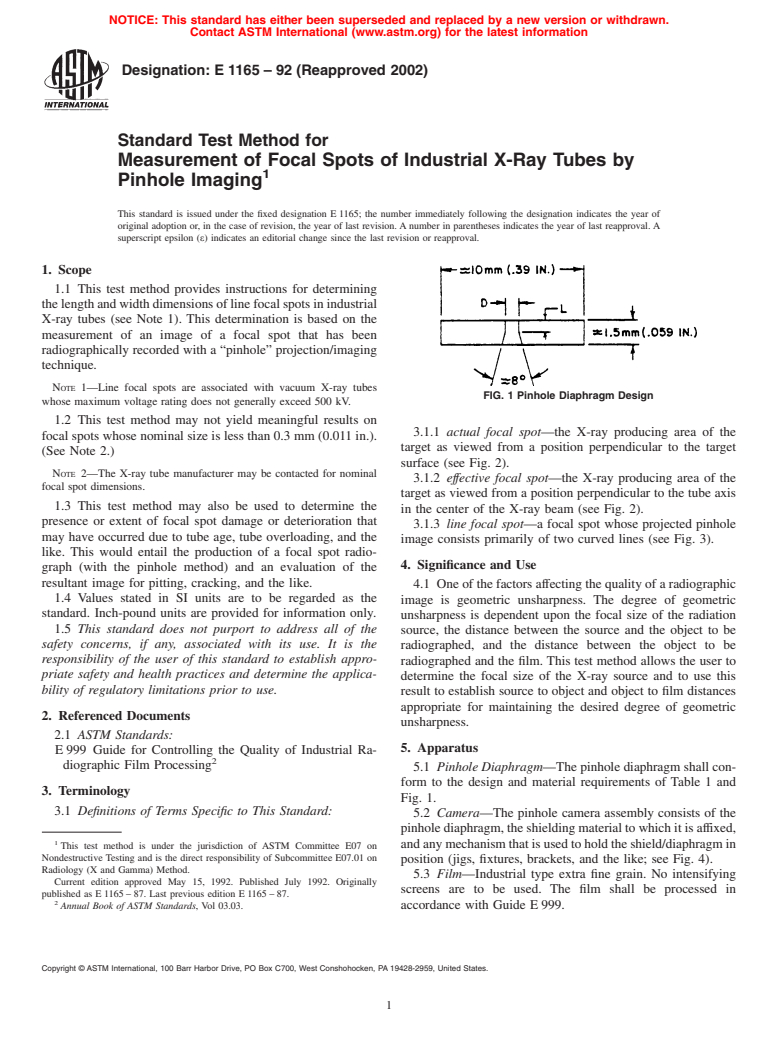 ASTM E1165-92(2002) - Standard Test Method for Measurement of Focal Spots of Industrial X-Ray Tubes by Pinhole Imaging