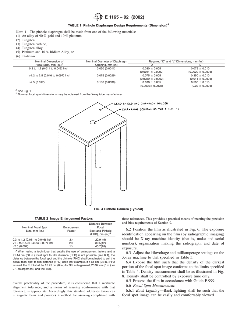 ASTM E1165-92(2002) - Standard Test Method for Measurement of Focal Spots of Industrial X-Ray Tubes by Pinhole Imaging