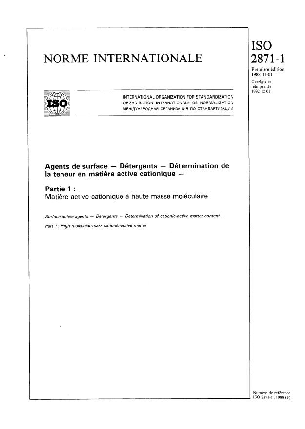 ISO 2871-1:1988 - Agents de surface -- Détergents -- Détermination de la teneur en matiere active cationique