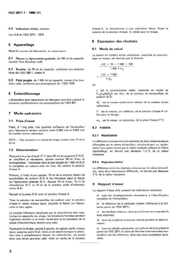 ISO 2871-1:1988 ISO 2871-1:1988 - Agents de surface -- Détergents -- Détermination de la teneur en matiere active cationique - Page 4 preview