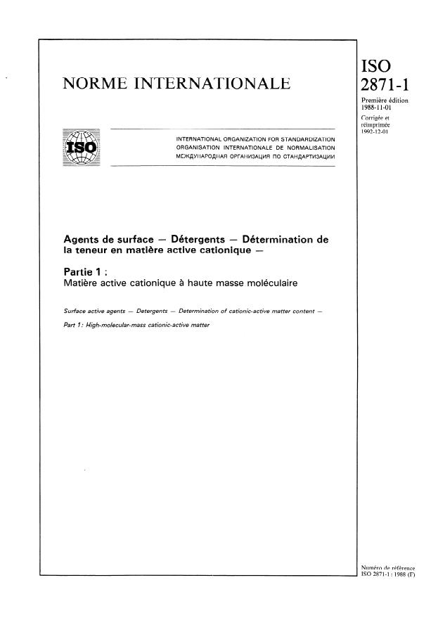 ISO 2871-1:1988 - Agents de surface -- Détergents -- Détermination de la teneur en matiere active cationique