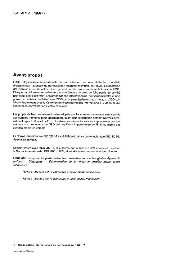 ISO 2871-1:1988 ISO 2871-1:1988 - Agents de surface -- Détergents -- Détermination de la teneur en matiere active cationique - Page 2 preview