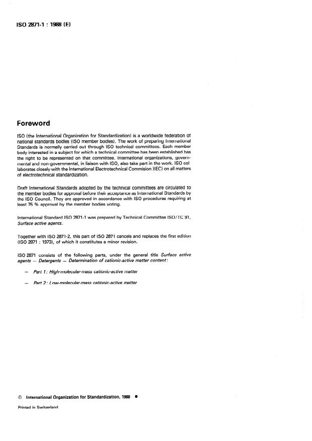 ISO 2871-1:1988 ISO 2871-1:1988 - Surface active agents -- Detergents -- Determination of cationic-active matter content - Page 2 preview