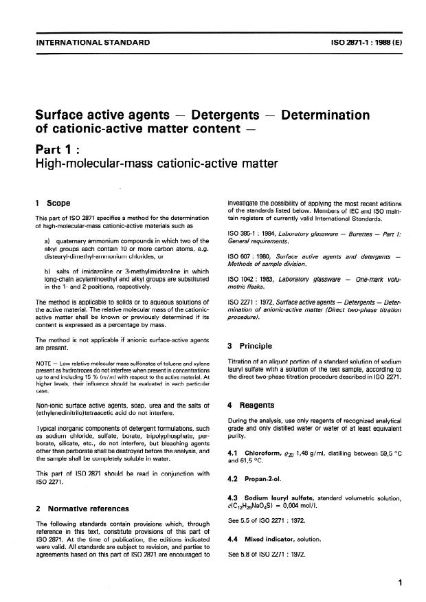 ISO 2871-1:1988 - Surface active agents -- Detergents -- Determination of cationic-active matter content