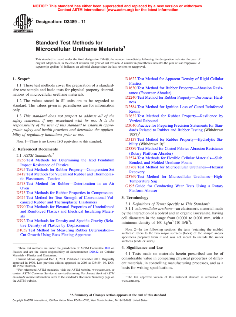 ASTM D3489-11 - Standard Test Methods for  Microcellular Urethane Materials