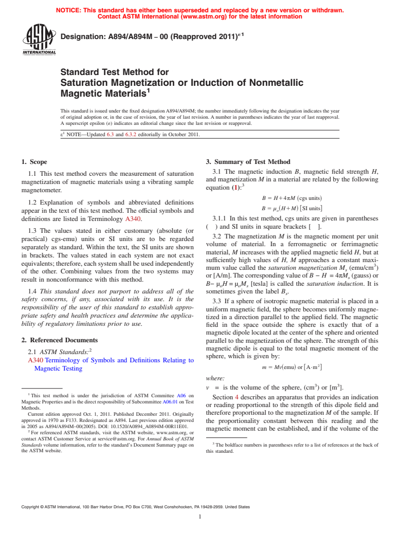 ASTM A894/A894M-00(2011)e1 - Standard Test Method for Saturation Magnetization or Induction of Nonmetallic Magnetic Materials (Withdrawn 2017)