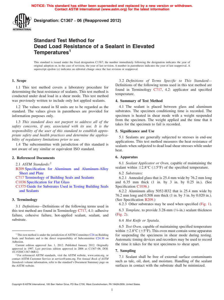 ASTM C1367-06(2012) - Standard Test Method for Dead Load Resistance of a Sealant in Elevated Temperatures