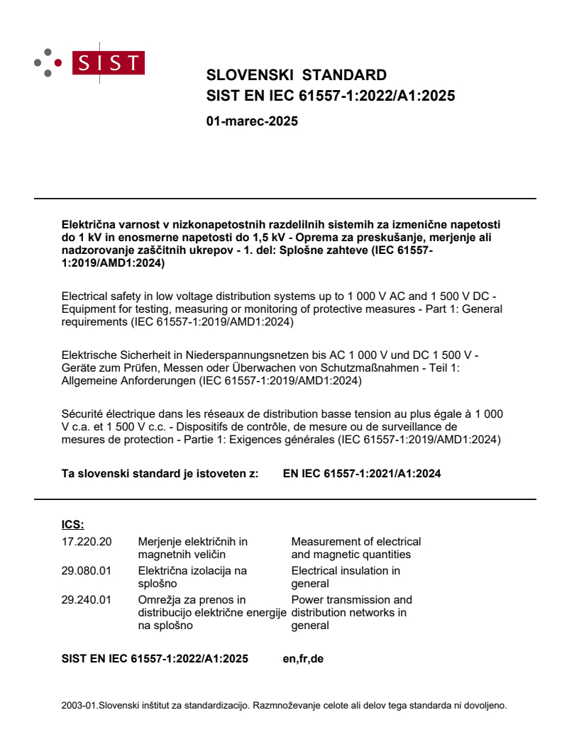 EN IEC 61557-1:2022/A1:2025