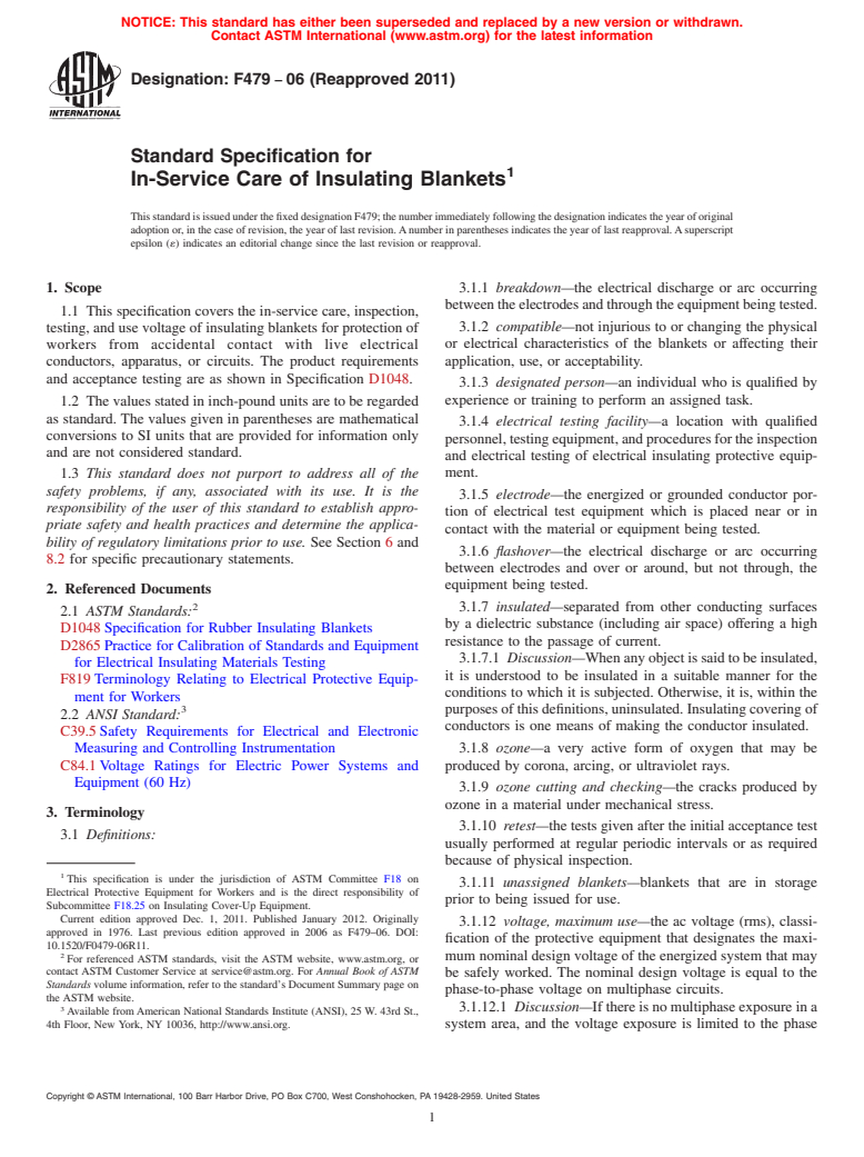 ASTM F479-06(2011) - Standard Specification for In-Service Care of Insulating Blankets