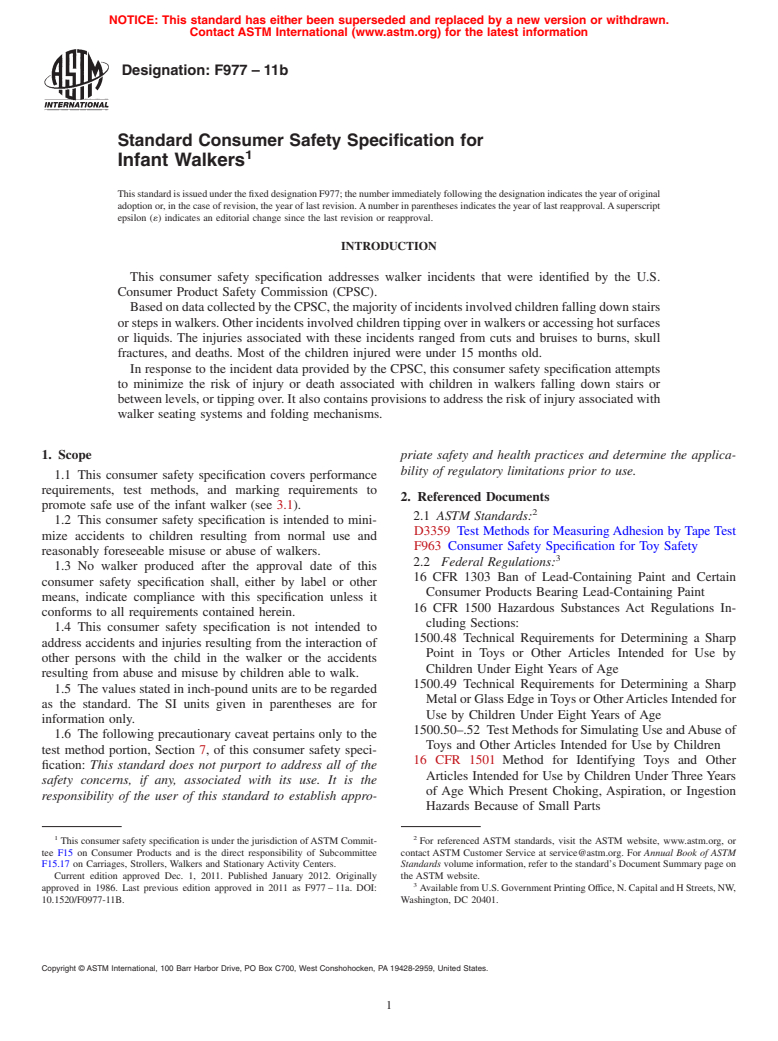 ASTM F977-11b - Standard Consumer Safety Specification for Infant Walkers