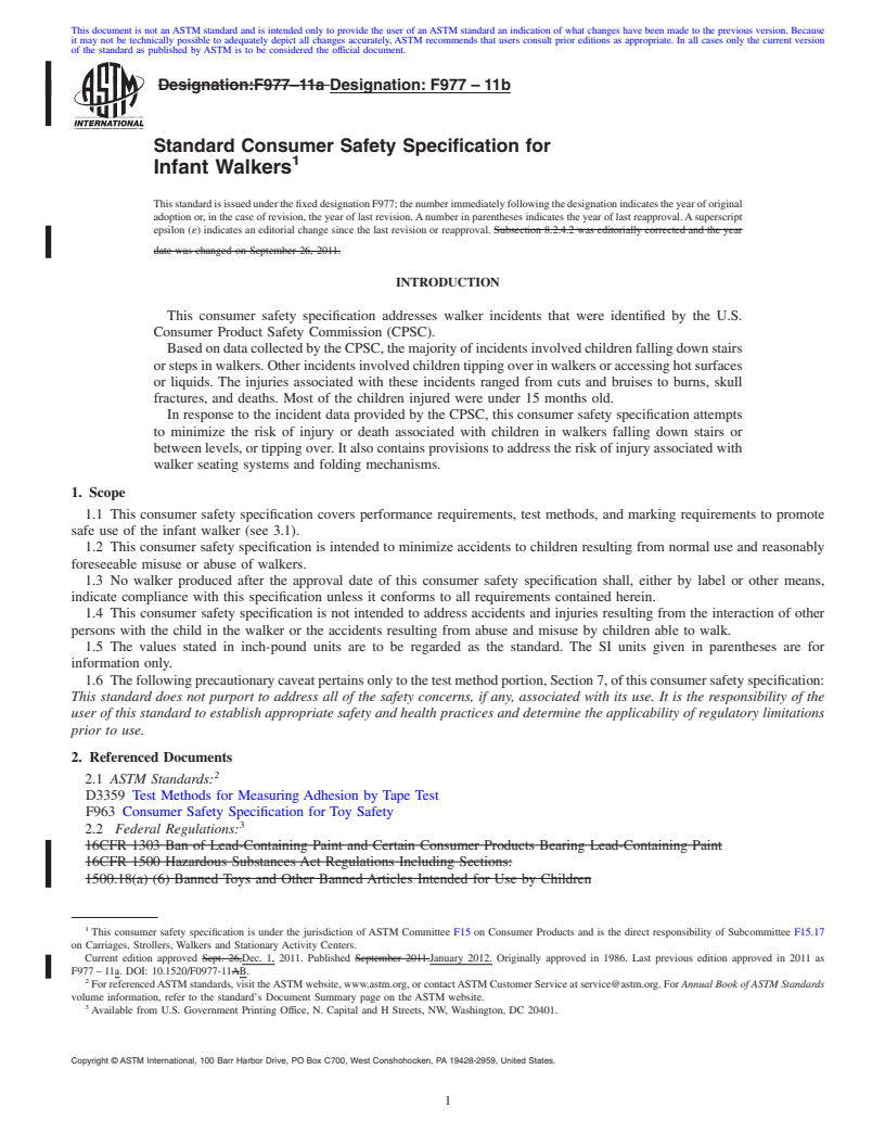 REDLINE ASTM F977-11b - Standard Consumer Safety Specification for Infant Walkers