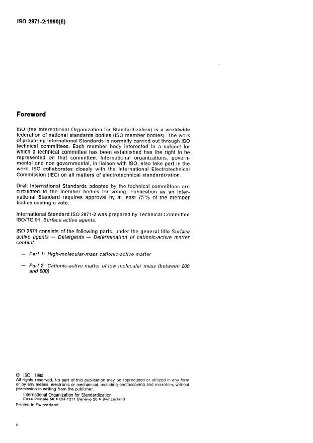 ISO 2871-2:1990 ISO 2871-2:1990 - Surface active agents -- Detergents -- Determination of cationic-active matter content - Page 2 preview