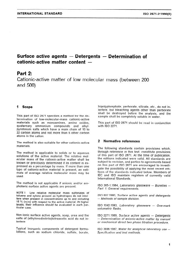 ISO 2871-2:1990 - Surface active agents -- Detergents -- Determination of cationic-active matter content