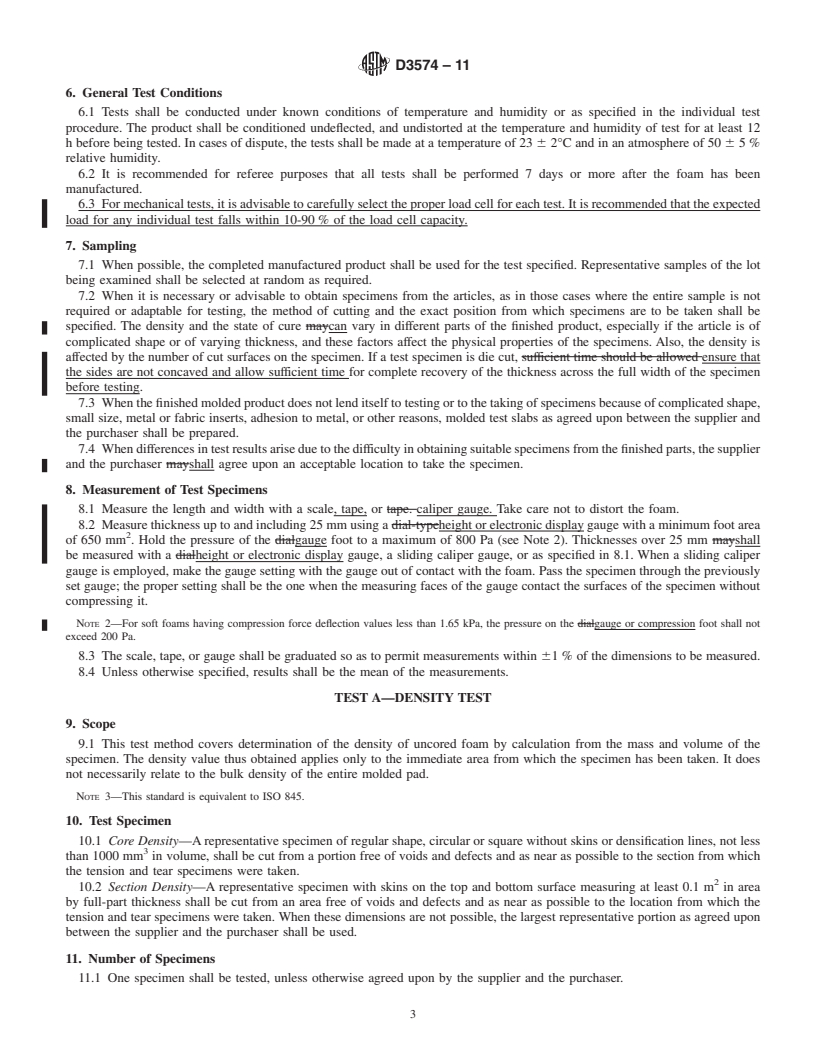 REDLINE ASTM D3574-11 - Standard Test Methods for Flexible Cellular Materials&mdash;Slab, Bonded, and Molded Urethane Foams