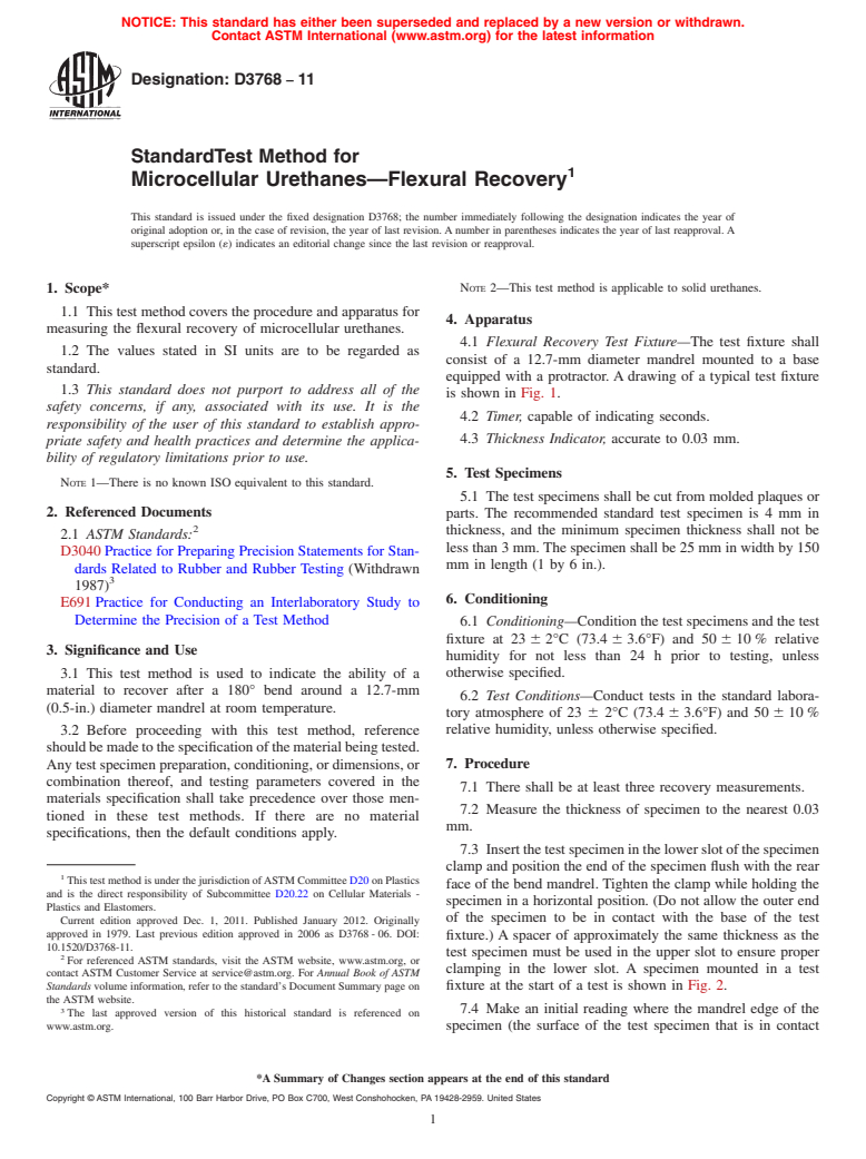 ASTM D3768-11 - Standard Test Method for  Microcellular Urethanes&mdash;Flexural Recovery