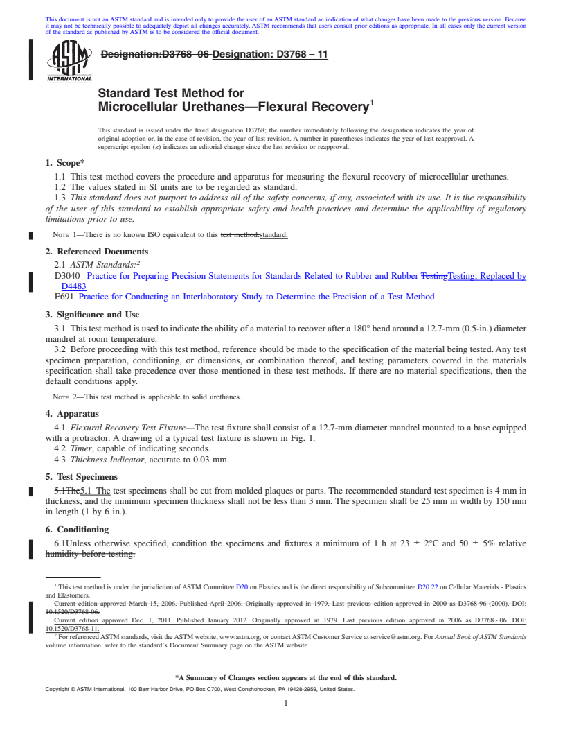 REDLINE ASTM D3768-11 - Standard Test Method for  Microcellular Urethanes&mdash;Flexural Recovery