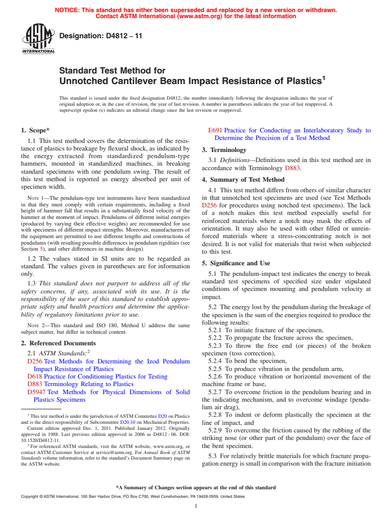 ASTM D4812-11 - Standard Test Method for Unnotched Cantilever Beam Impact Resistance of Plastics