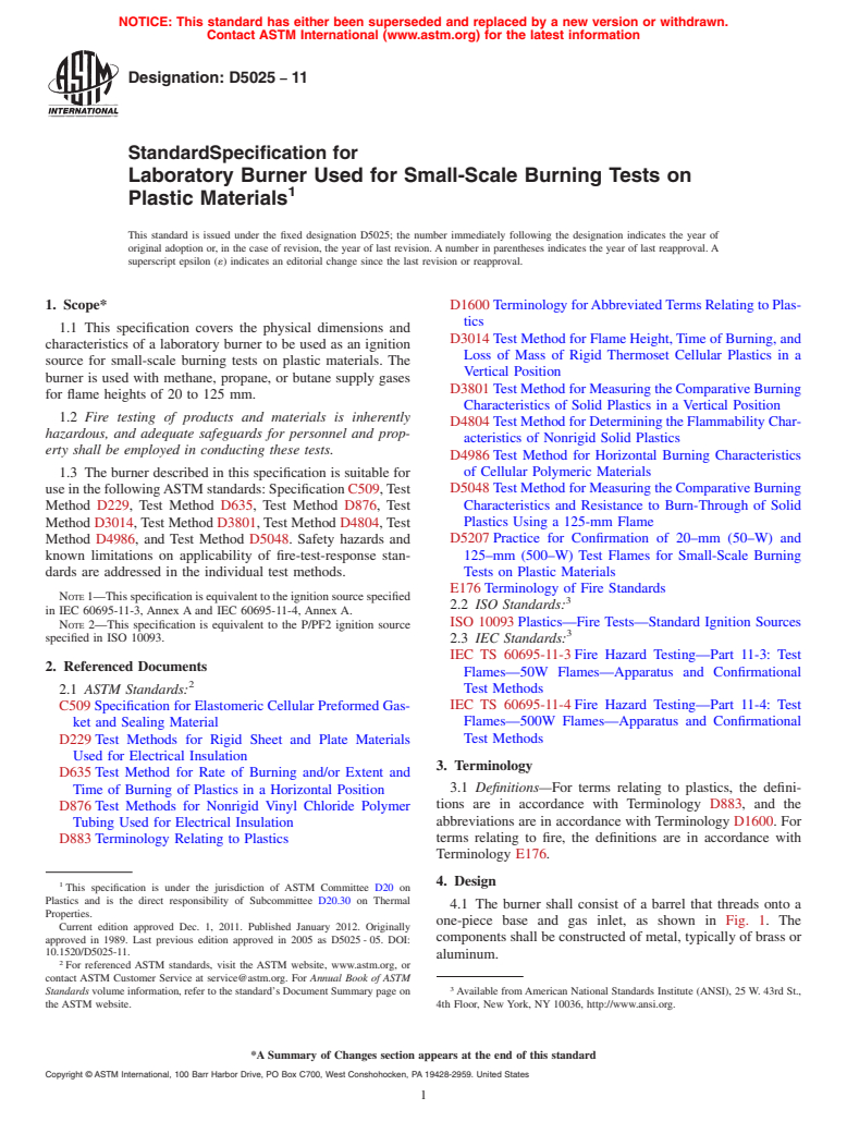 ASTM D5025-11 - Standard Specification for Laboratory Burner Used for Small-Scale Burning Tests on Plastic Materials