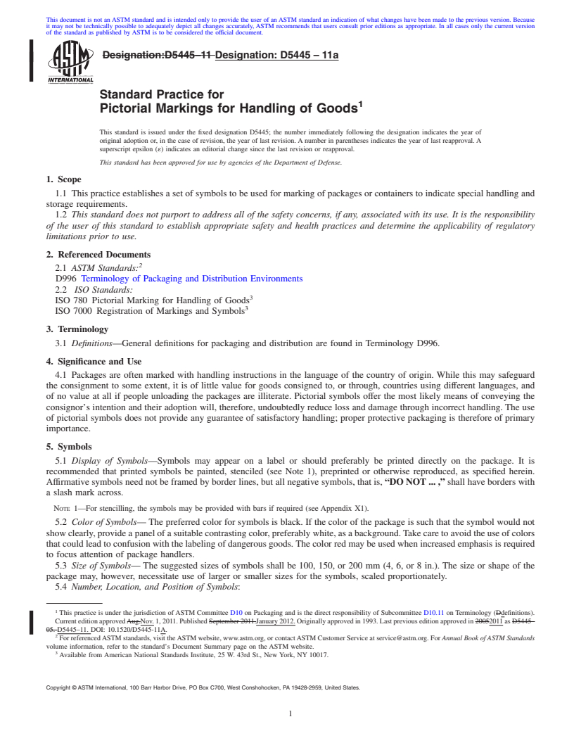 REDLINE ASTM D5445-11a - Standard Practice for Pictorial Markings for Handling of Goods