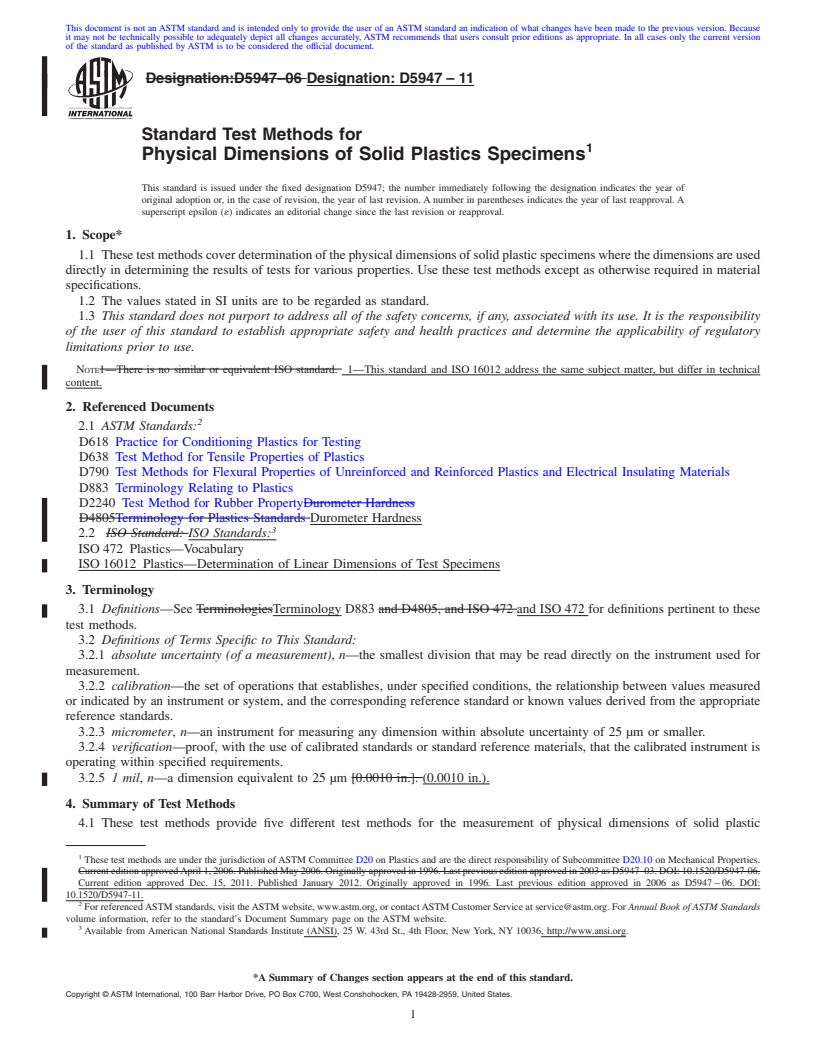 REDLINE ASTM D5947-11 - Standard Test Methods for  Physical Dimensions of Solid Plastics Specimens