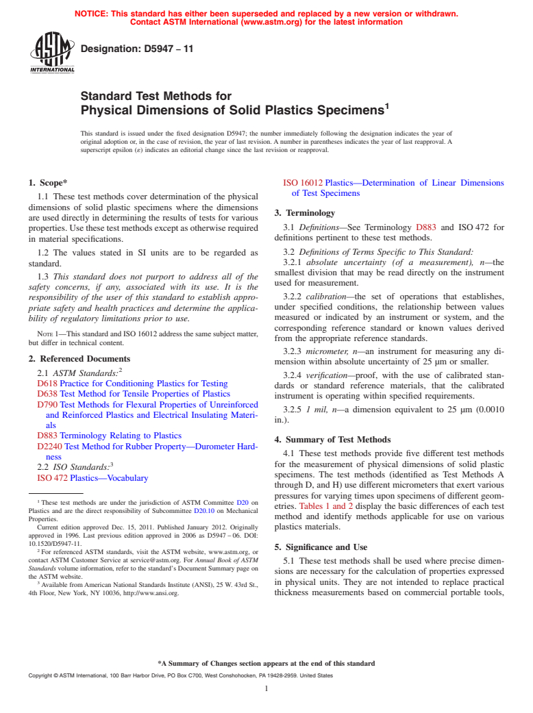 ASTM D5947-11 - Standard Test Methods for  Physical Dimensions of Solid Plastics Specimens