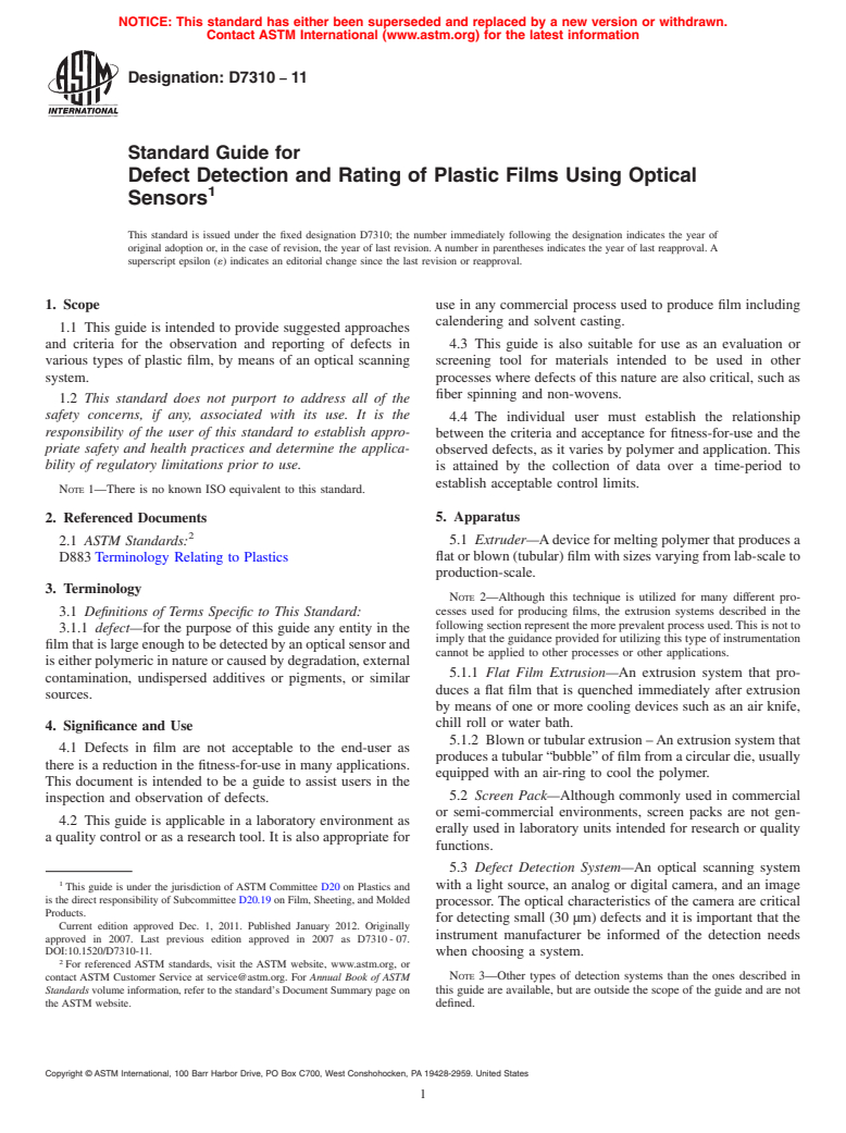 ASTM D7310-11 - Standard Guide for Defect Detection and Rating of Plastic Films Using Optical Sensors