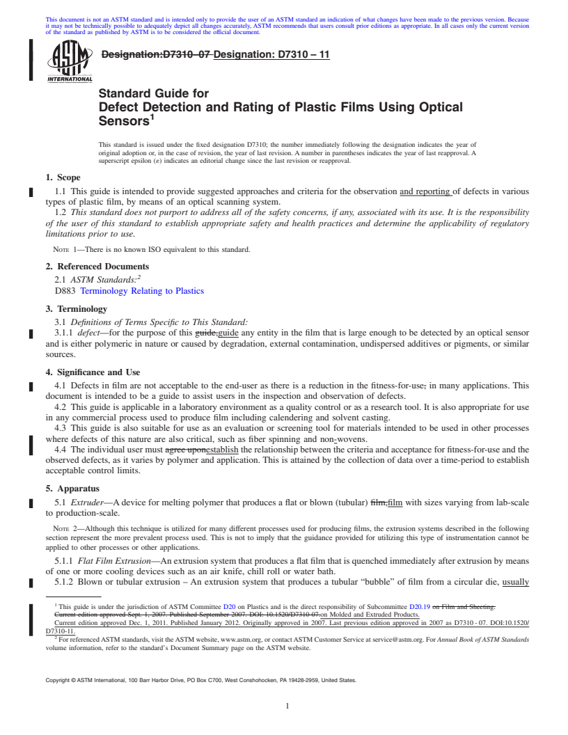 REDLINE ASTM D7310-11 - Standard Guide for Defect Detection and Rating of Plastic Films Using Optical Sensors