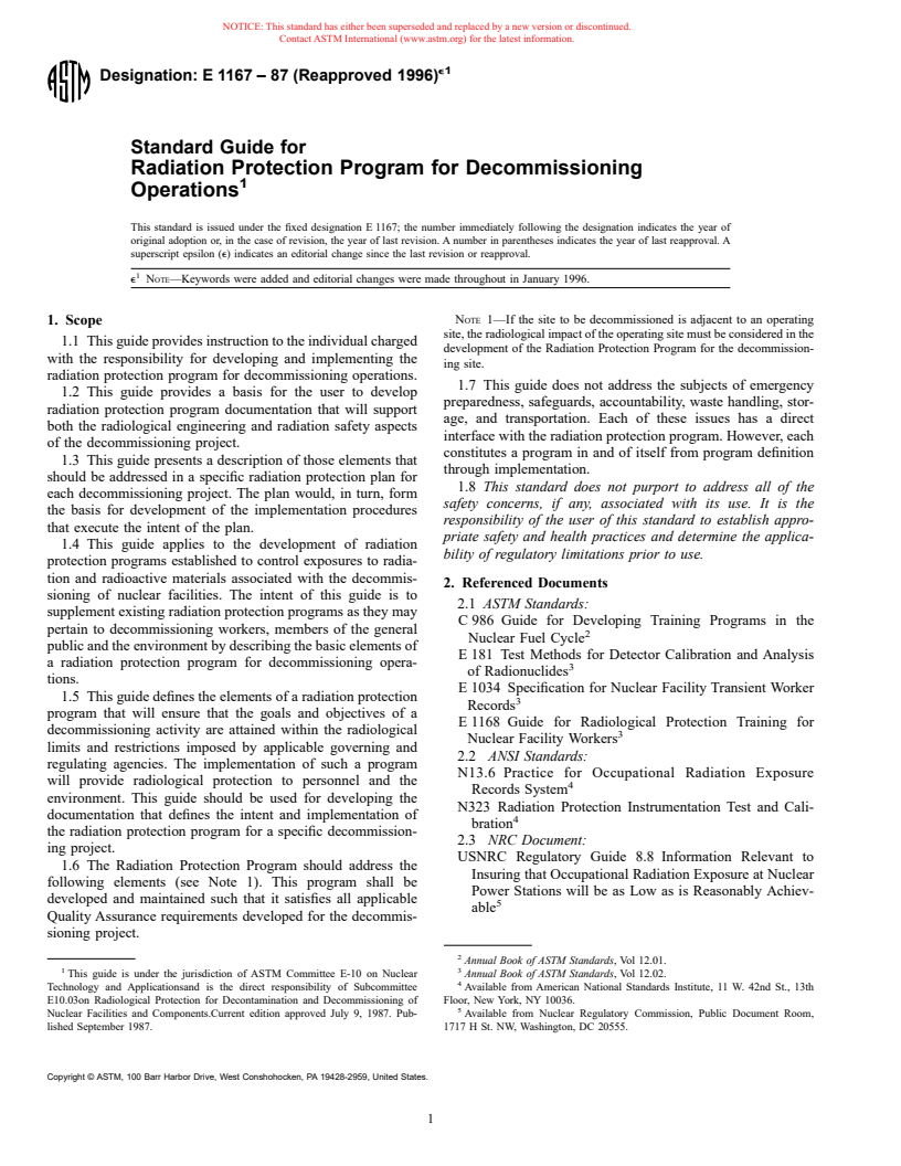 ASTM E1167-87(1996)e1 - Standard Guide for Radiation Protection Program for Decommissioning Operations