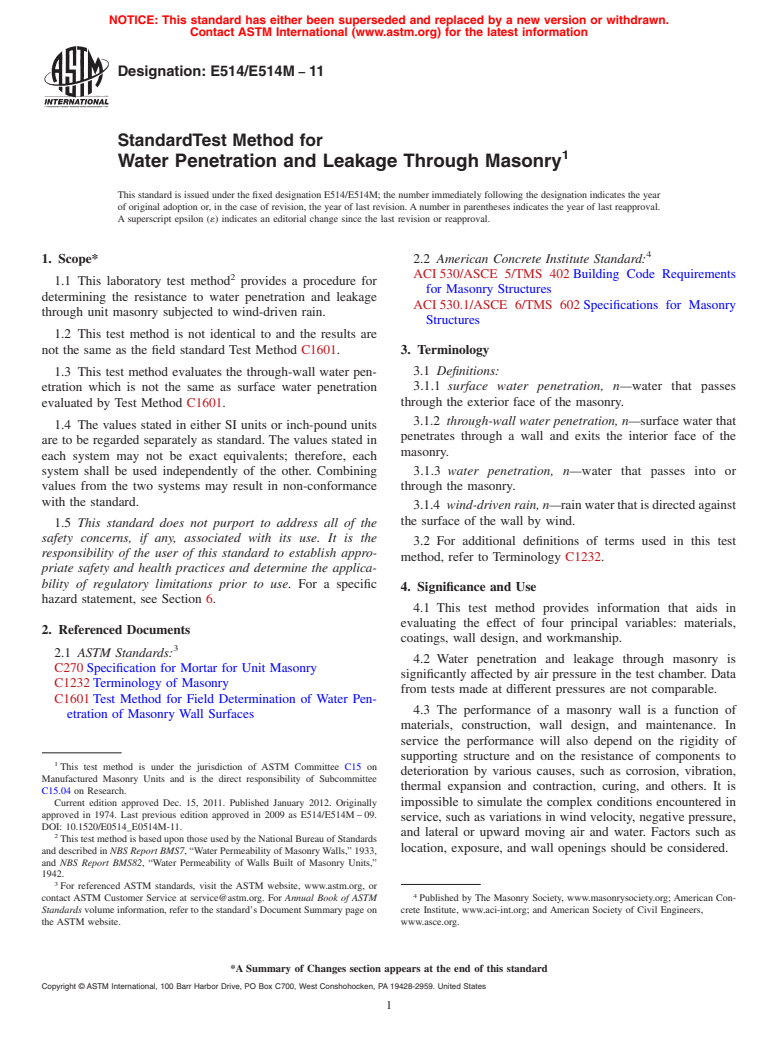 ASTM E514/E514M-11 - Standard Test Method for  Water Penetration and Leakage Through Masonry