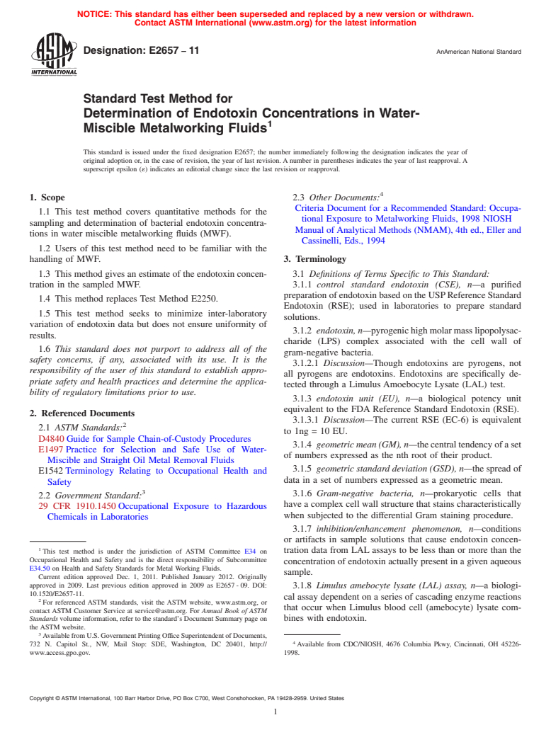 ASTM E2657-11 - Standard Test Method for Determination of Endotoxin Concentrations in Water-Miscible Metalworking Fluids