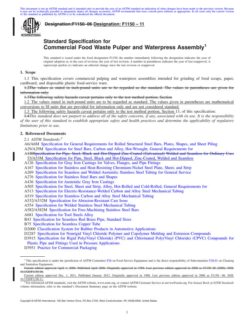 REDLINE ASTM F1150-11 - Standard Specification for Commercial Food Waste Pulper and Waterpress Assembly