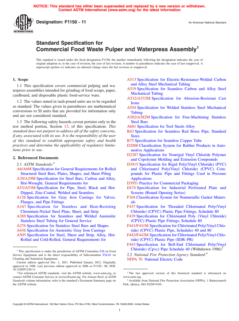 ASTM F1150-11 - Standard Specification for Commercial Food Waste Pulper and Waterpress Assembly