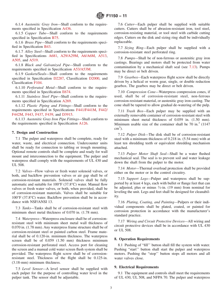 ASTM F1150-11 - Standard Specification for Commercial Food Waste Pulper and Waterpress Assembly