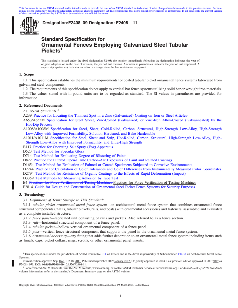 REDLINE ASTM F2408-11 - Standard Specification for Ornamental Fences Employing Galvanized Steel Tubular Pickets