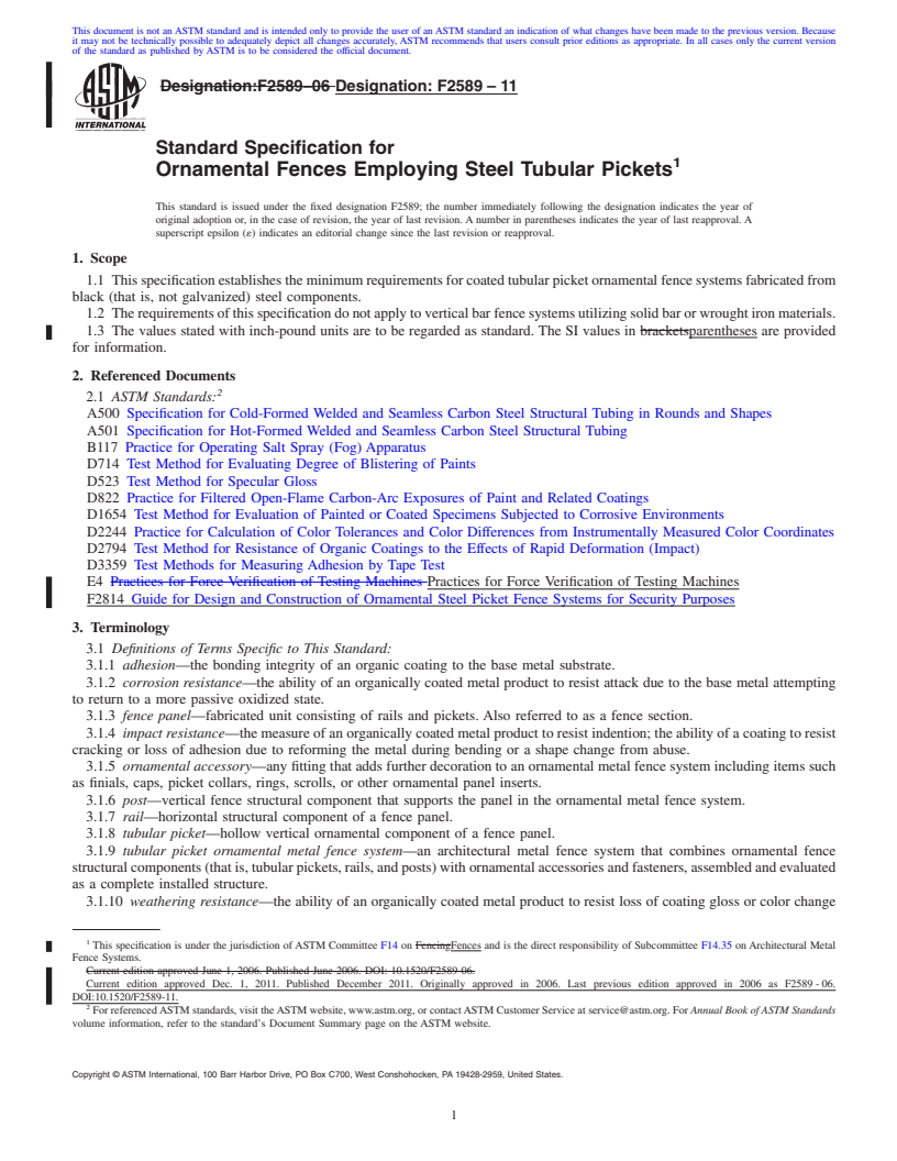 REDLINE ASTM F2589-11 - Standard Specification for Ornamental Fences Employing Steel Tubular Pickets
