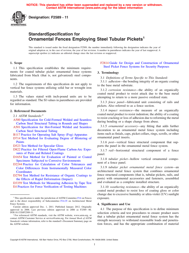 ASTM F2589-11 - Standard Specification for Ornamental Fences Employing Steel Tubular Pickets