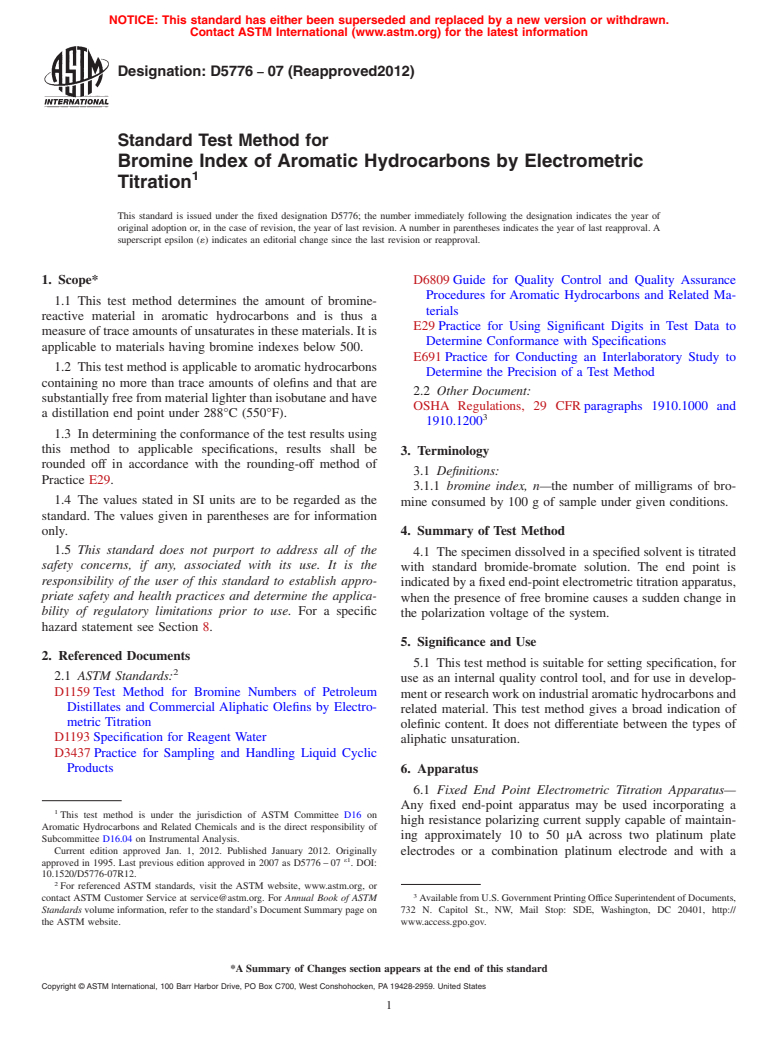 ASTM D5776-07(2012) - Standard Test Method for  Bromine Index of Aromatic Hydrocarbons by Electrometric Titration