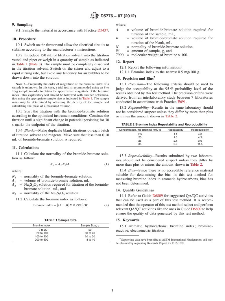 ASTM D5776-07(2012) - Standard Test Method for  Bromine Index of Aromatic Hydrocarbons by Electrometric Titration