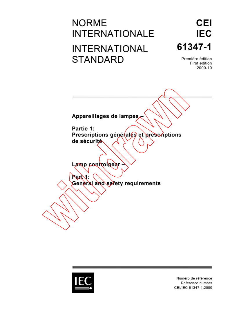 IEC 61347-1:2000 - Lamp controlgear - Part 1: General and safety requirements
Released:10/13/2000
Isbn:2831854946