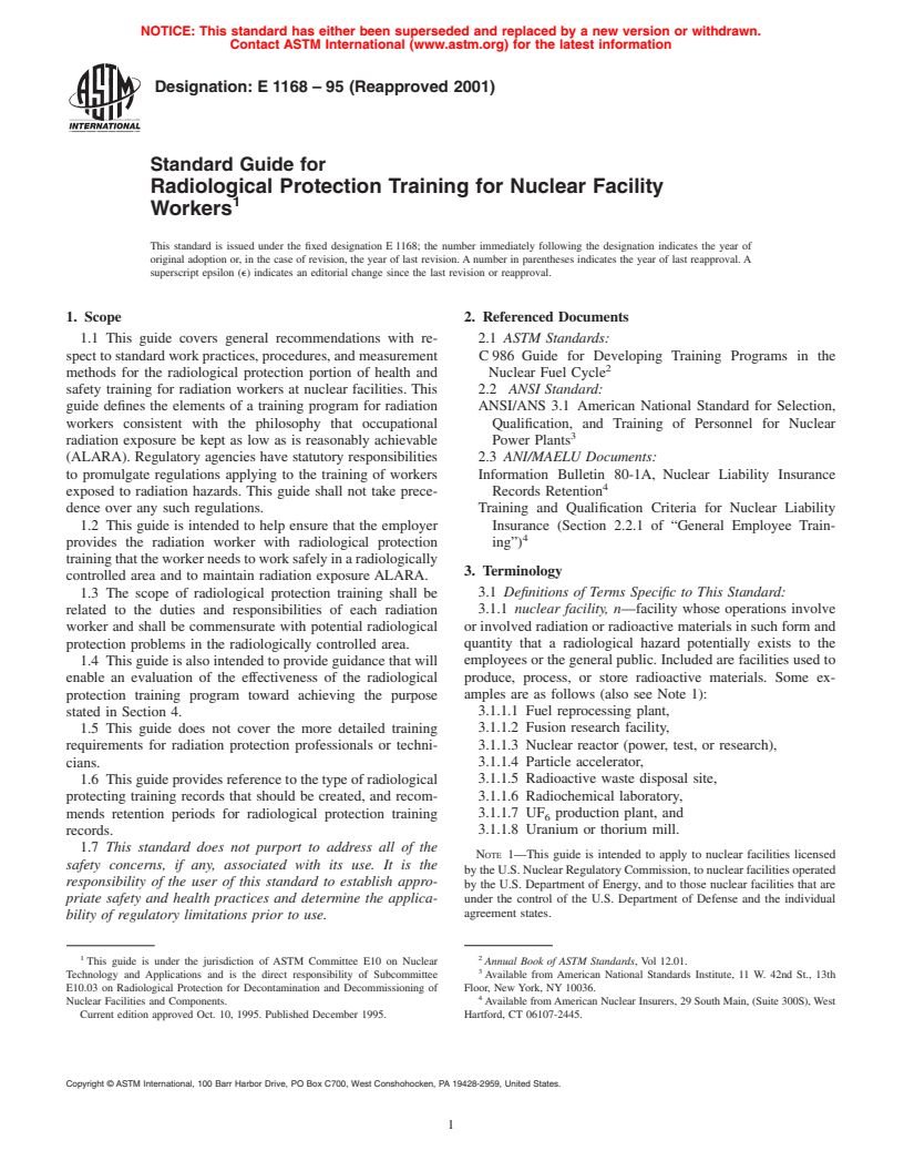 ASTM E1168-95(2001) - Standard Guide for Radiological Protection Training for Nuclear Facility Workers