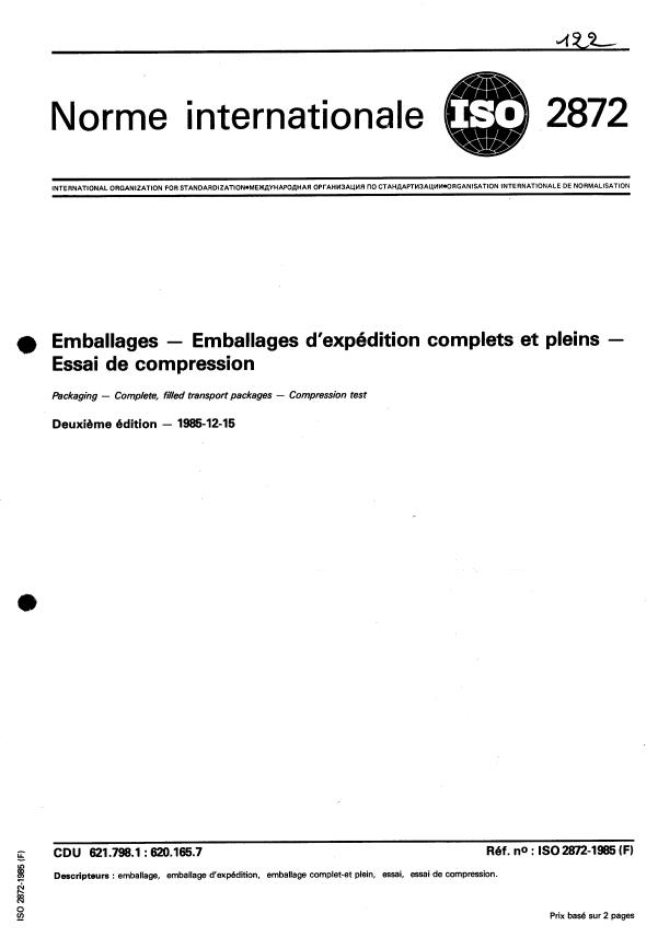 ISO 2872:1985 - Emballages -- Emballages d'expédition complets et pleins -- Essai de compression