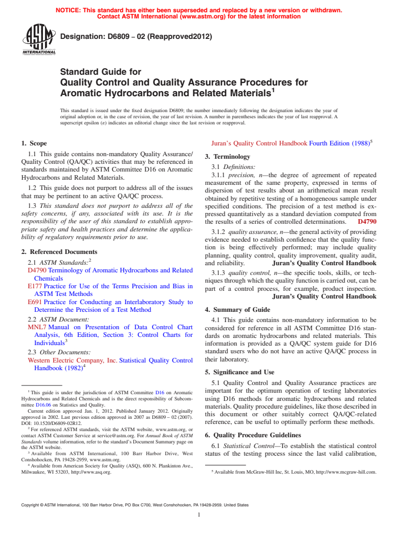 ASTM D6809-02(2012) - Standard Guide for Quality Control and Quality Assurance Procedures for Aromatic Hydrocarbons  and Related Materials