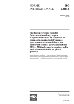 ISO 22854:2021 - Produits pétroliers liquides — Détermination des groupes d'hydrocarbures et de la teneur en composés oxygénés de l'essence pour moteurs automobiles et du carburant éthanol pour automobiles E85 — Méthode par chromatographie multidimensionnelle en phase gazeuse
Released:7/21/2021 - Page 1 preview