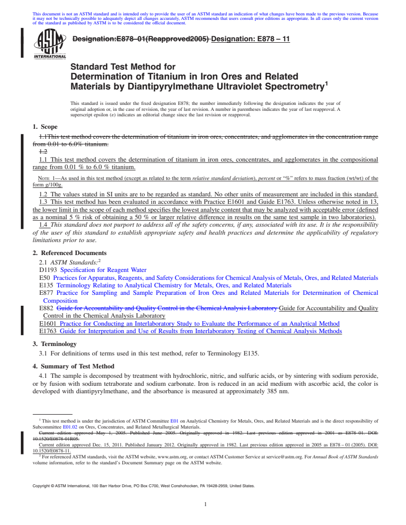 REDLINE ASTM E878-11 - Standard Test Method for  Determination of Titanium in Iron Ores and Related Materials by Diantipyrylmethane  Ultraviolet Spectrometry