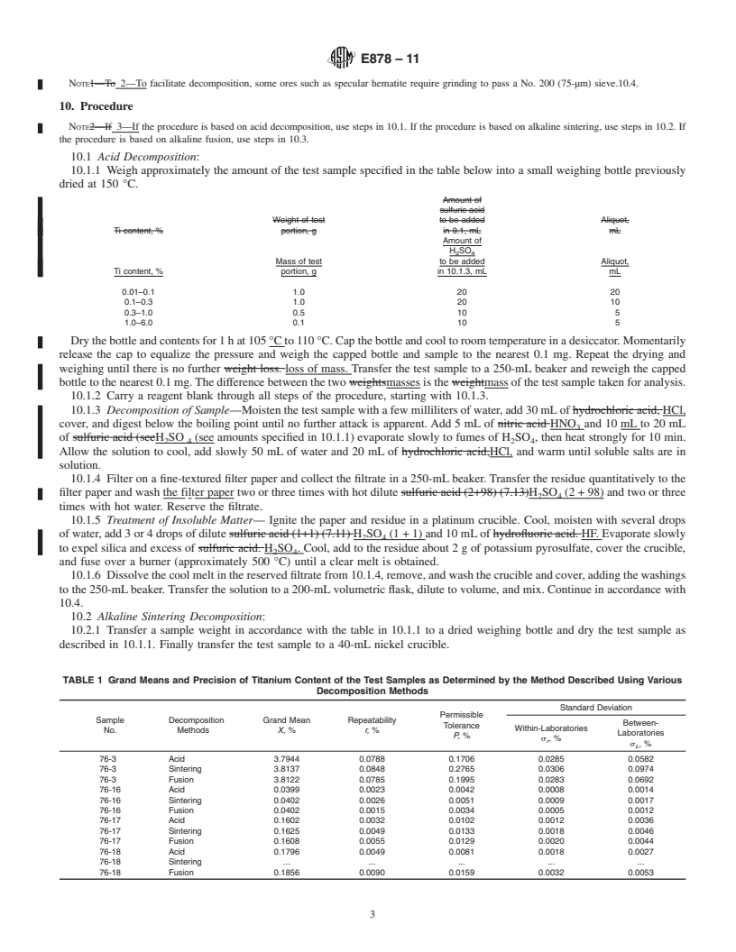 REDLINE ASTM E878-11 - Standard Test Method for  Determination of Titanium in Iron Ores and Related Materials by Diantipyrylmethane  Ultraviolet Spectrometry