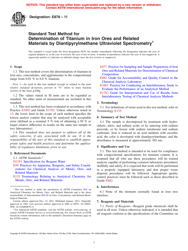 ASTM E878-11 - Standard Test Method for  Determination of Titanium in Iron Ores and Related Materials by Diantipyrylmethane  Ultraviolet Spectrometry