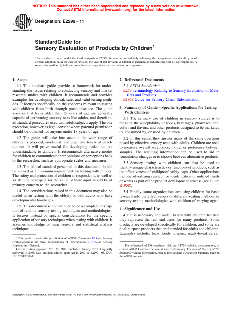 ASTM E2299-11 - Standard Guide for Sensory Evaluation of Products by Children