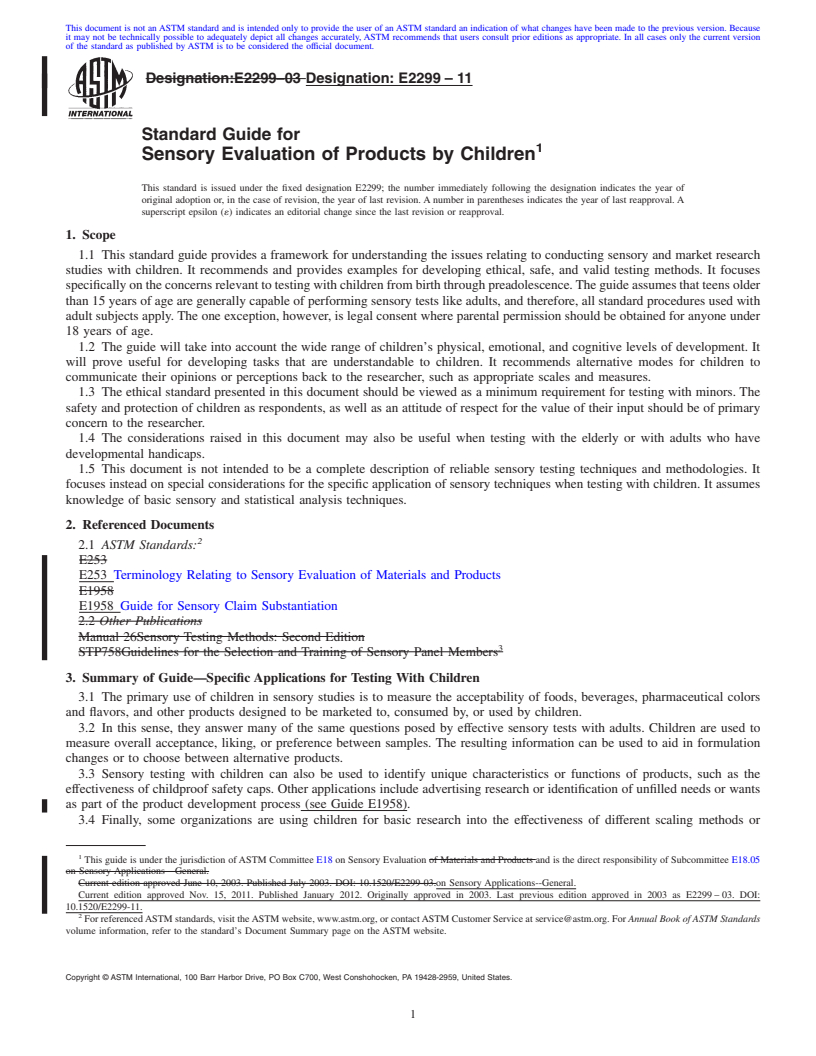 REDLINE ASTM E2299-11 - Standard Guide for Sensory Evaluation of Products by Children